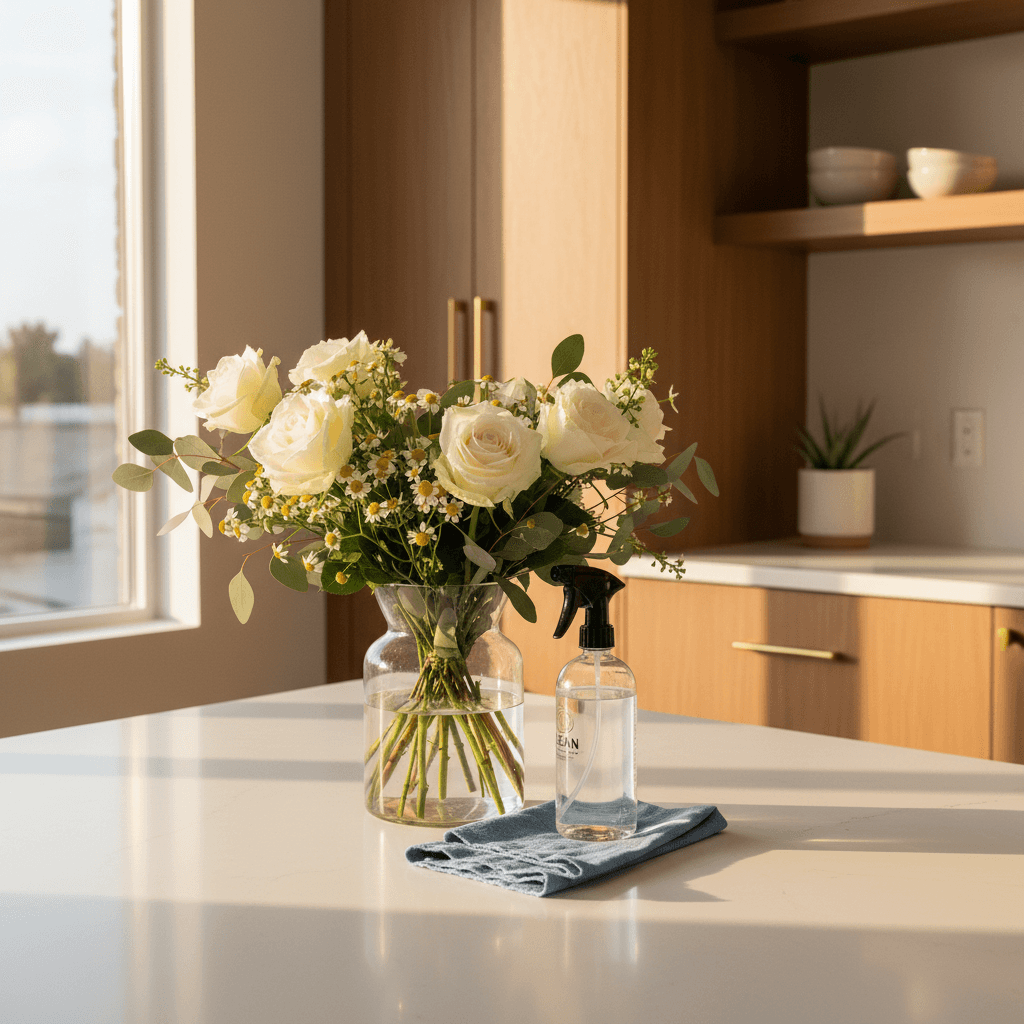 Sunlit kitchen counter with fresh flowers, a folded cloth, and a spray bottle