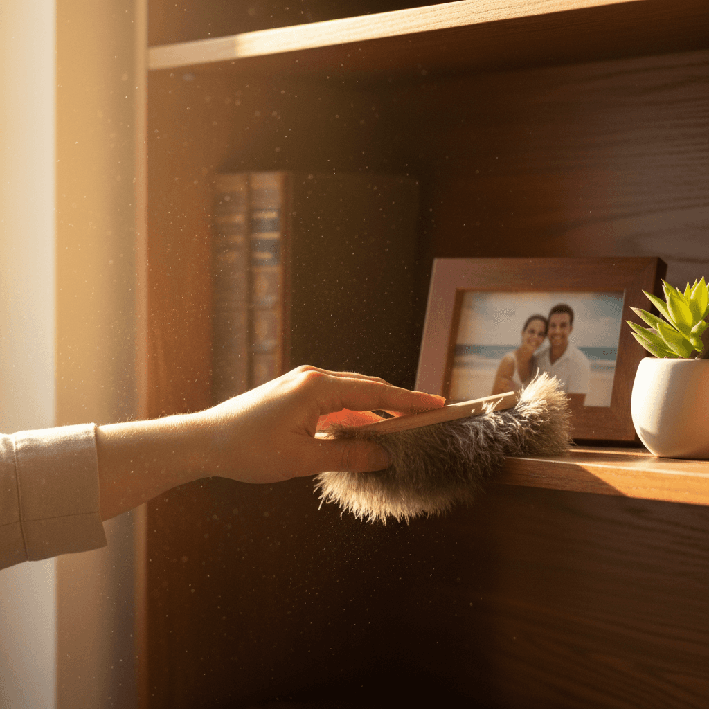 Hand dusting a wooden bookshelf with a framed photo and plant nearby