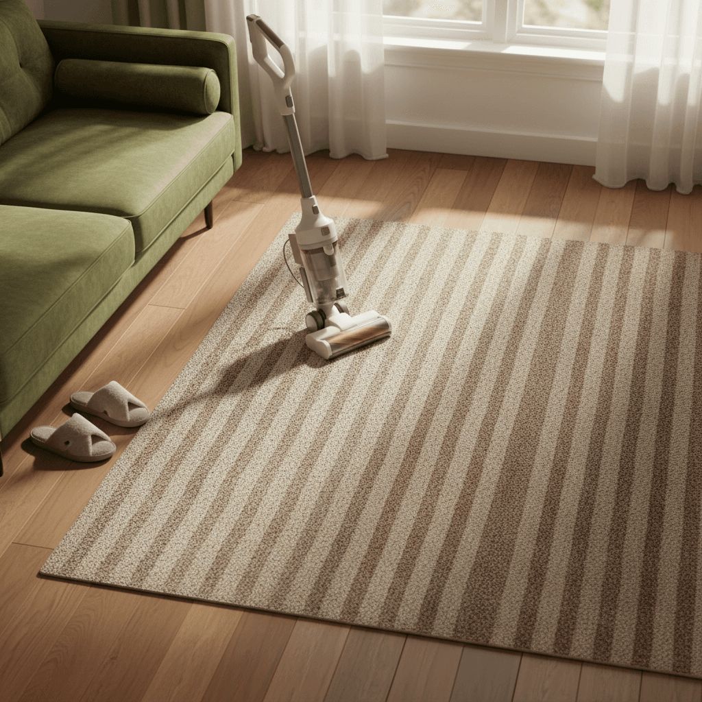 Freshly vacuumed rug with visible carpet lines