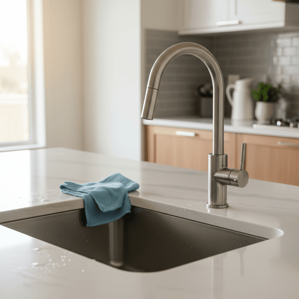 Clean kitchen counter with sparkling stainless steel sink