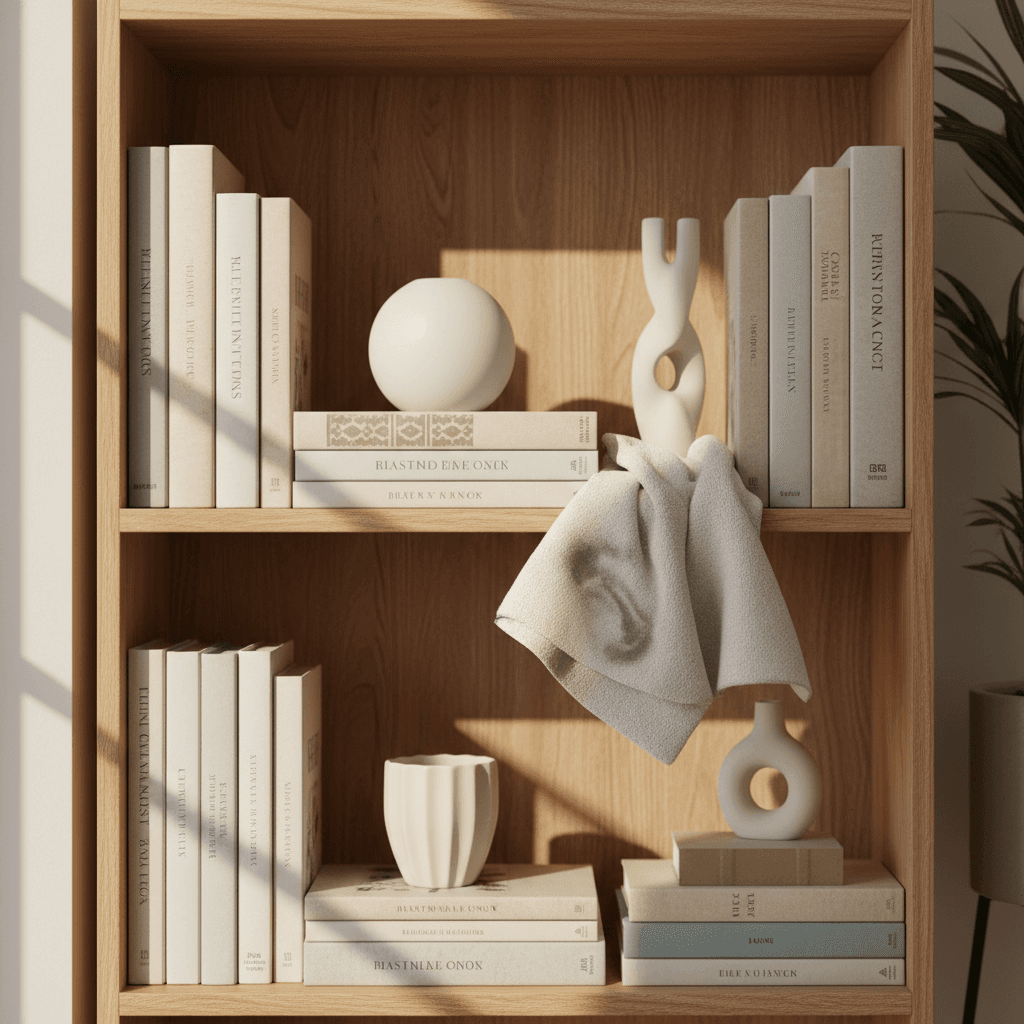 Dusted bookshelf with neatly arranged items