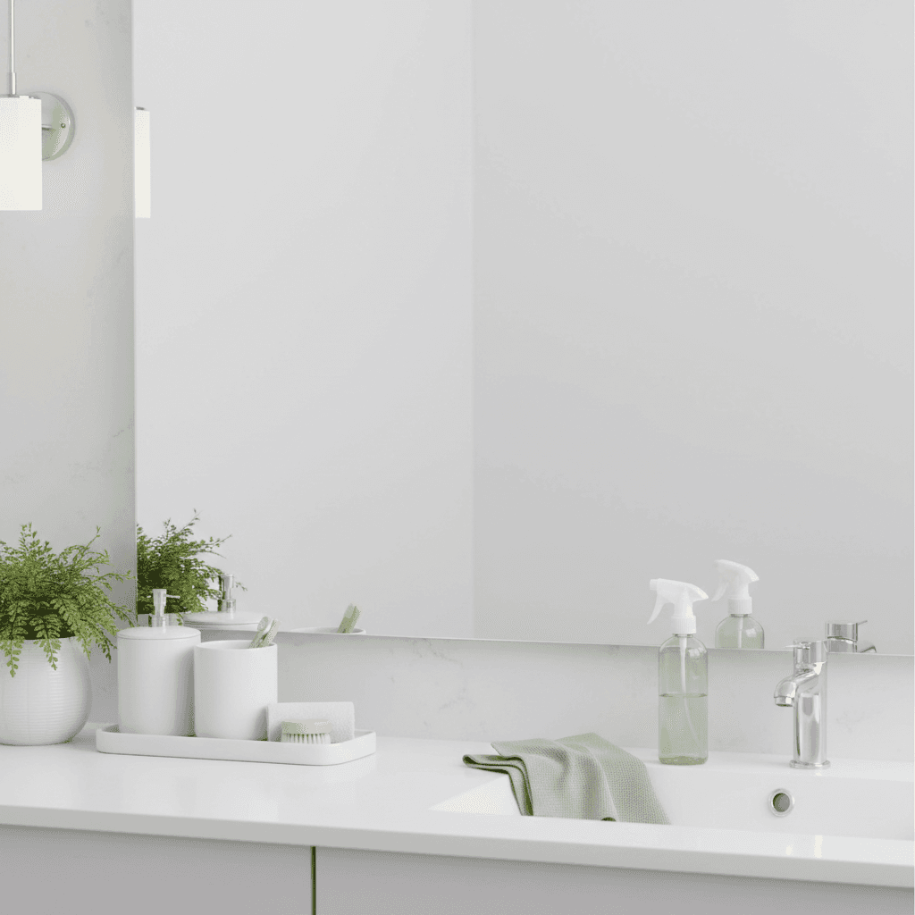Spotless bathroom mirror reflecting organized vanity
