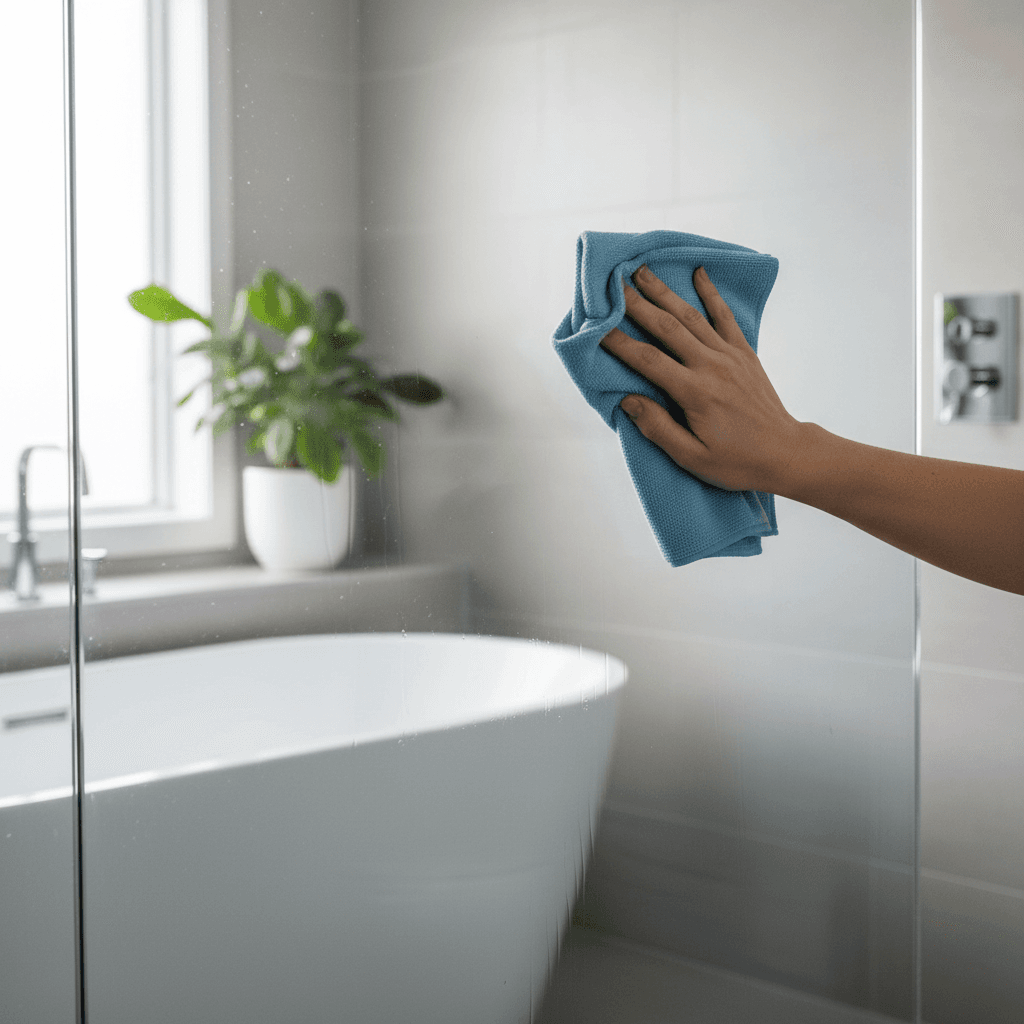 Hand wiping a glass shower door in a sunlit bathroom with a plant nearby