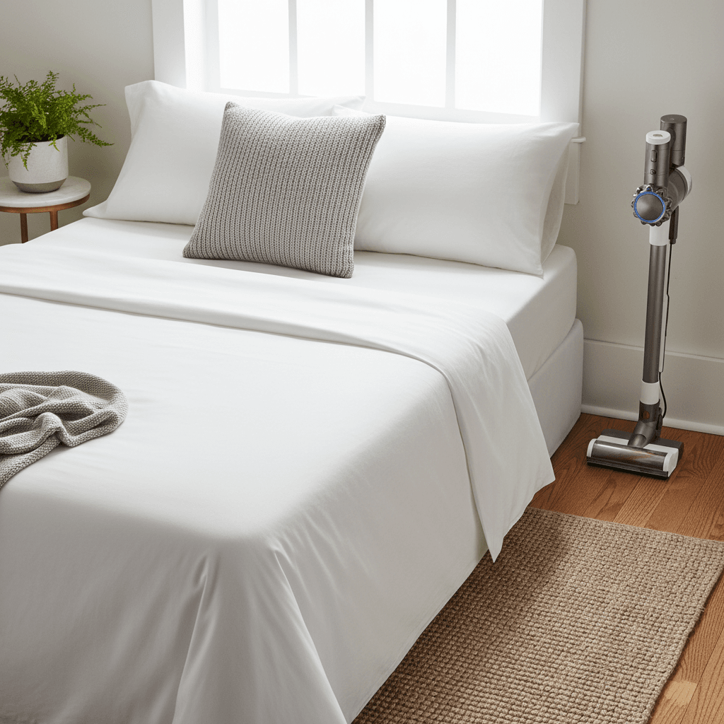 A neatly made bed with white sheets in a bright bedroom with a vacuum in the corner