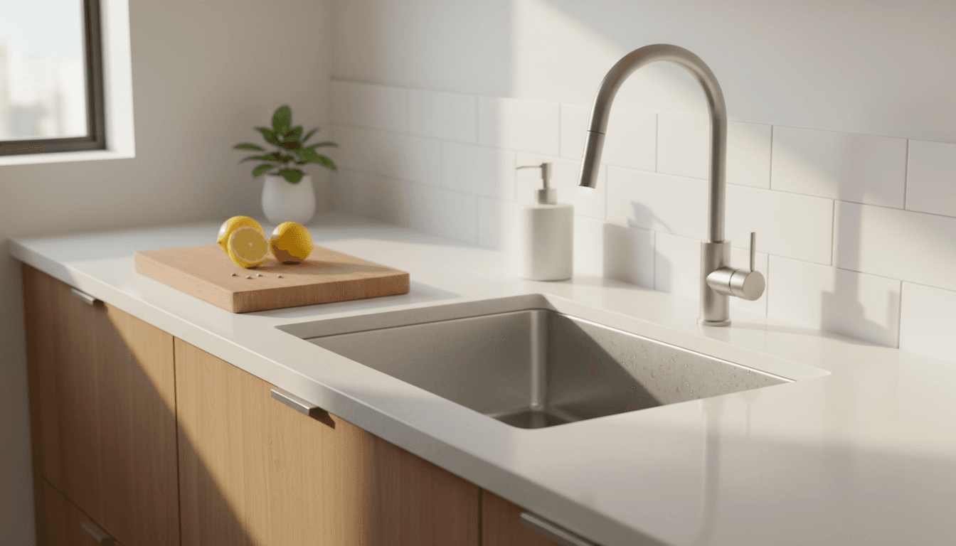 A clean white kitchen sink with lemon halves on a cutting board, soft morning light