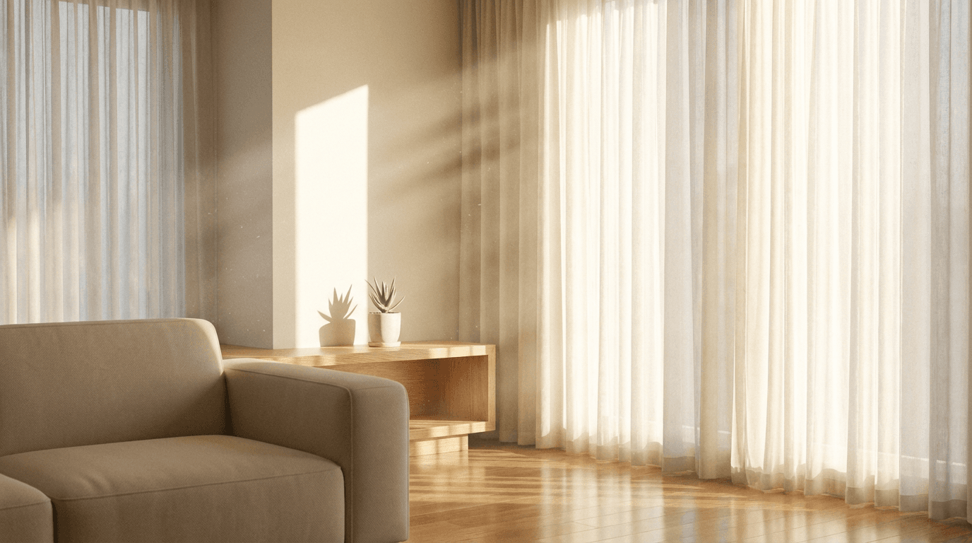 A sunlit, freshly cleaned living room with hardwood floors, a beige sofa, and a microfiber cloth resting on a coffee table